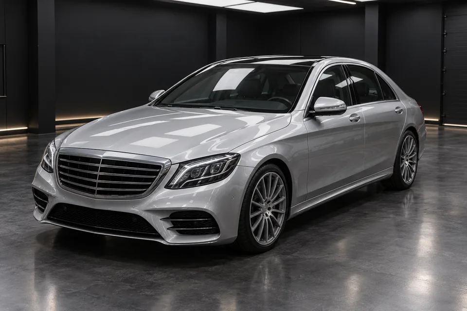Серебристый Mercedes-Benz S-класс W222: капот люксового седана
