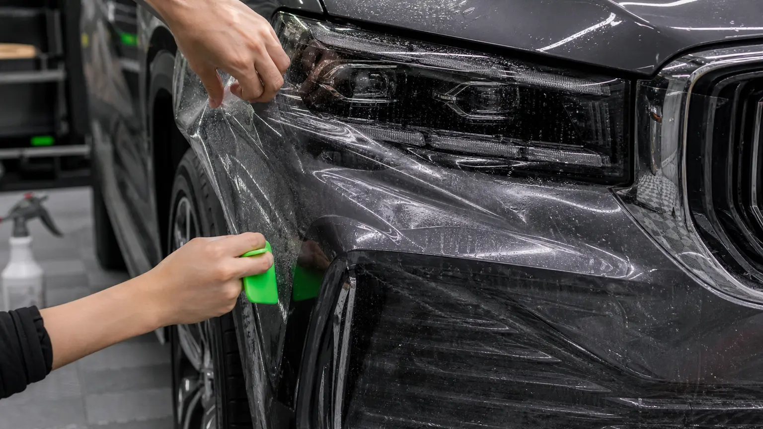 Оклейка переднего бампера Geely Monjaro полиуретановой пленкой KPPF 24 Оклейка переднего бампера Geely Monjaro полиуретановой пленкой KPPF 24