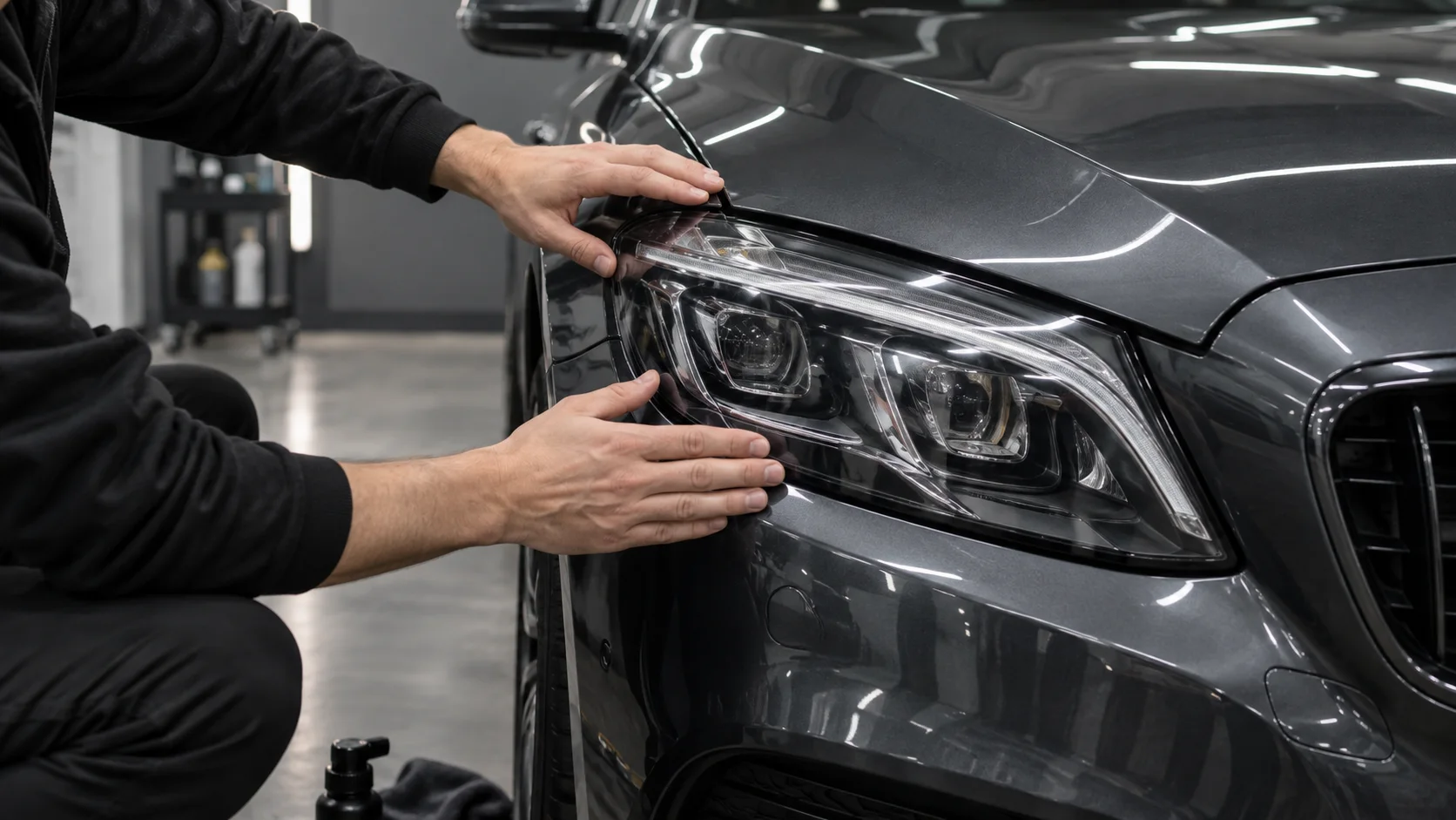 Выбор защитной плёнки для автомобильных фар Осмотр прозрачной автомобильной фары перед оклейкой полиуретановой плёнкой