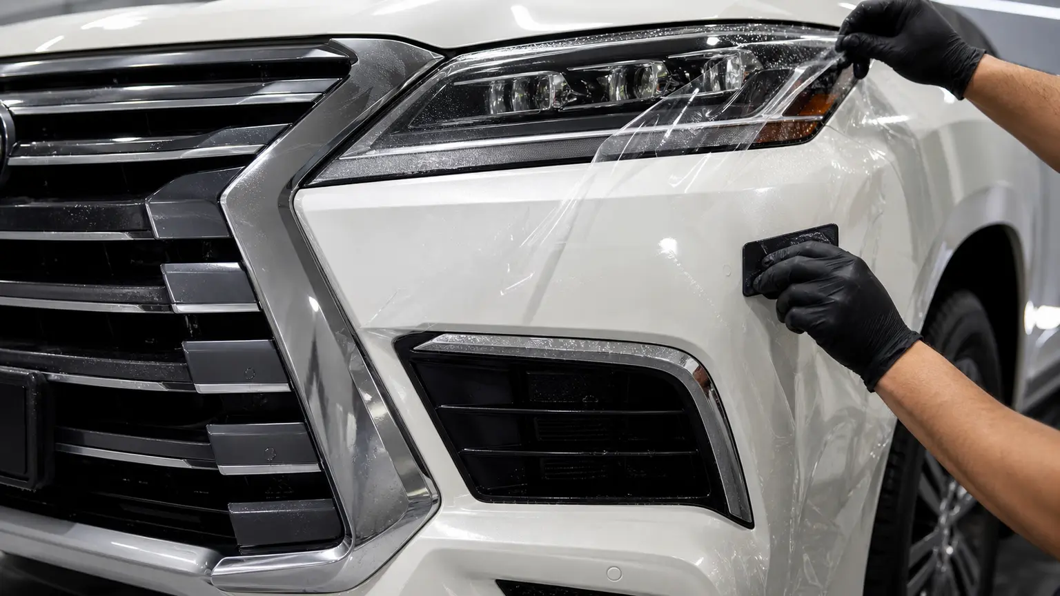 Оклейка переднего бампера Lexus LX полиуретановой пленкой KPPF 24
