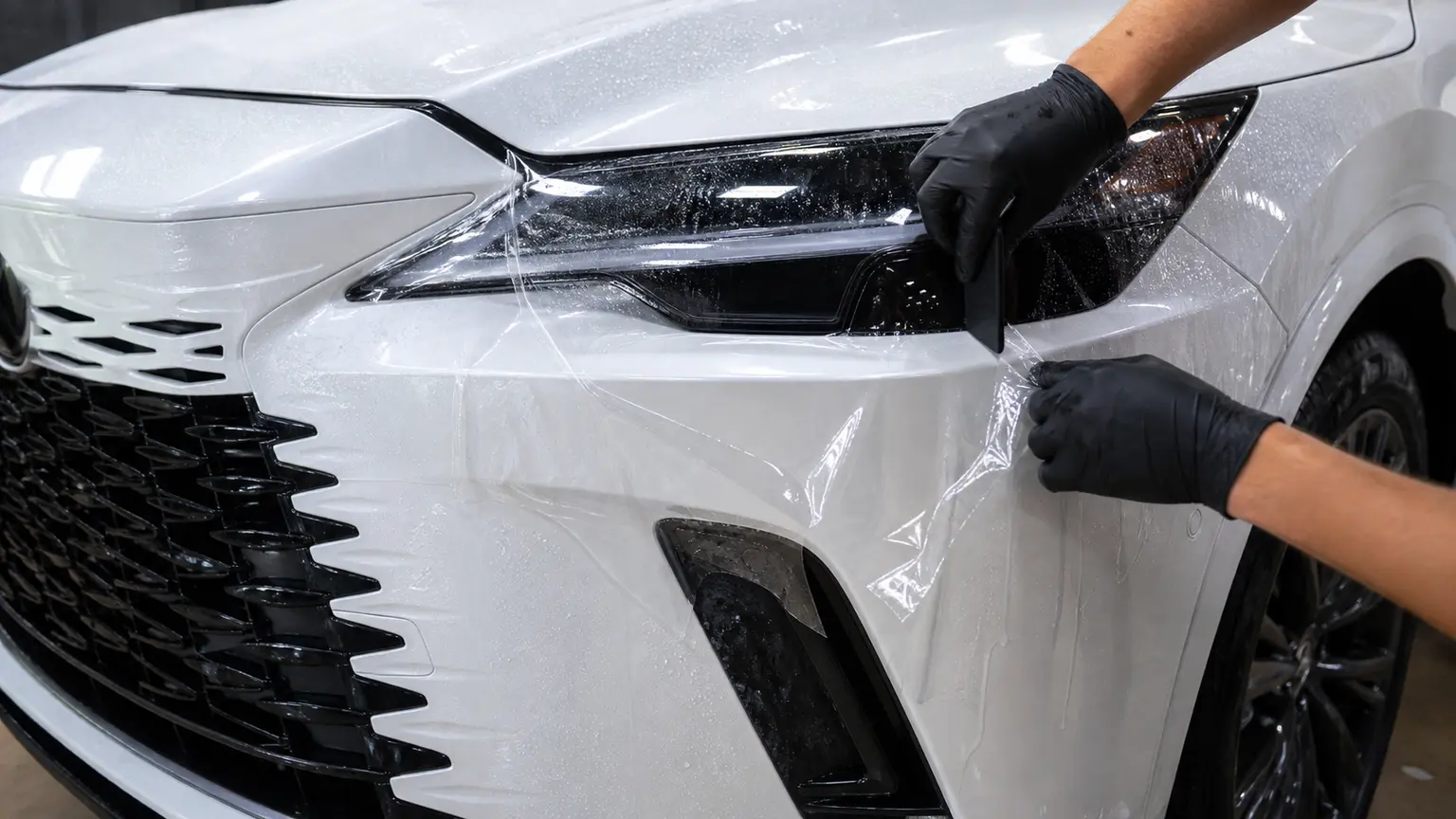 Оклейка переднего бампера Lexus RX полиуретановой пленкой KPPF 24