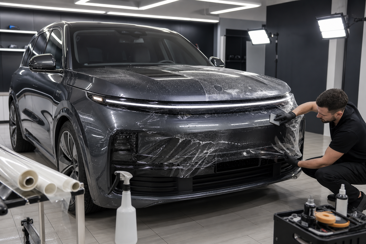 Оклейка передней части Li Auto L7 и L9 полиуретановой пленкой KPPF 24 Оклейка передней части Li Auto L7 и L9 полиуретановой пленкой KPPF 24