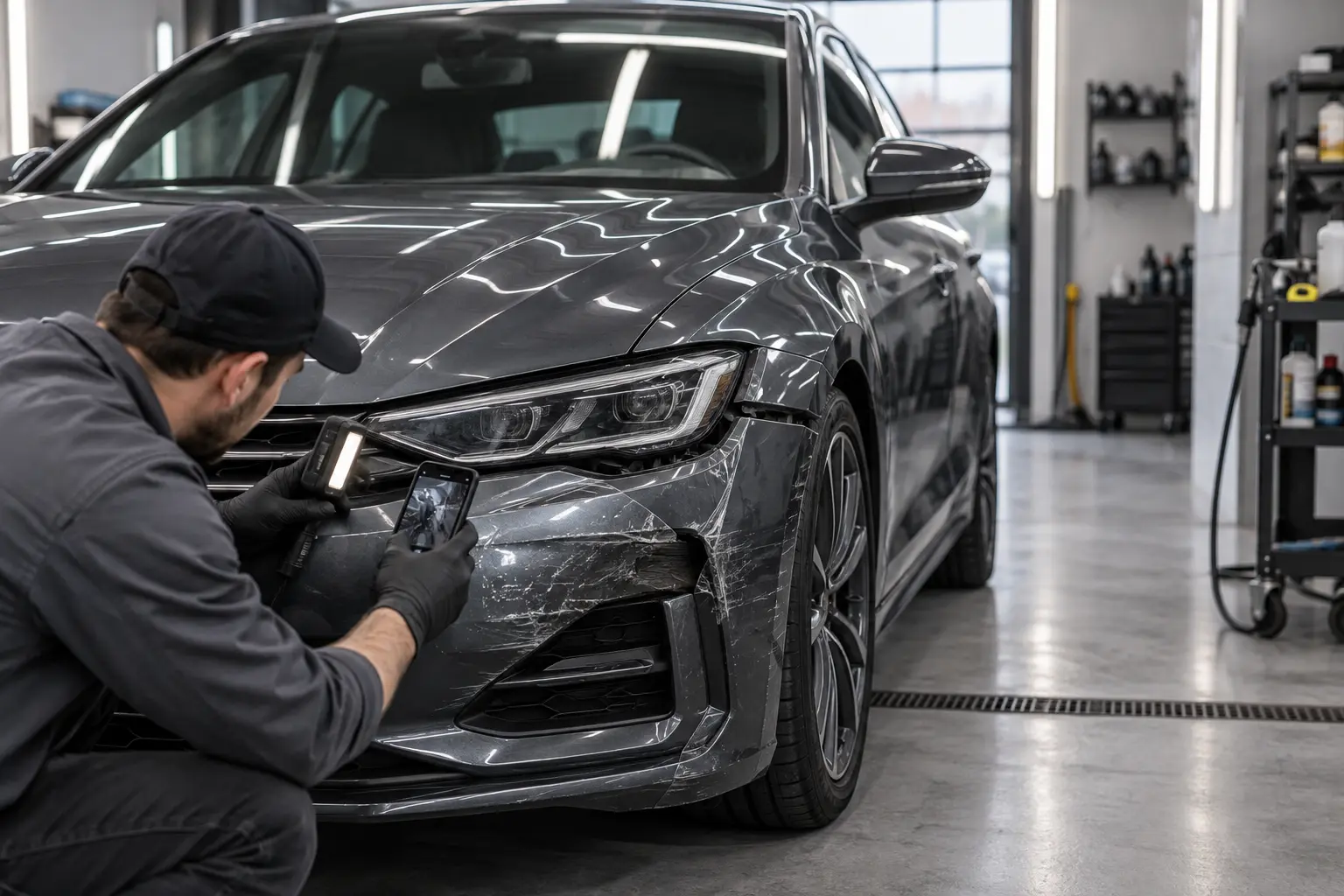 Осмотр автомобиля в пленке после ДТП Мастер фиксирует повреждение автомобиля в PPF после легкого ДТП