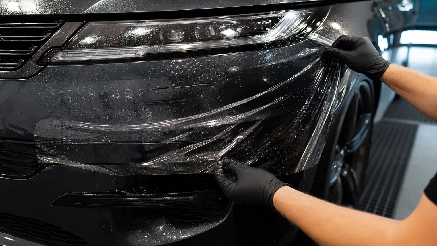 Оклейка переднего бампера Range Rover Sport полиуретановой пленкой KPPF 24