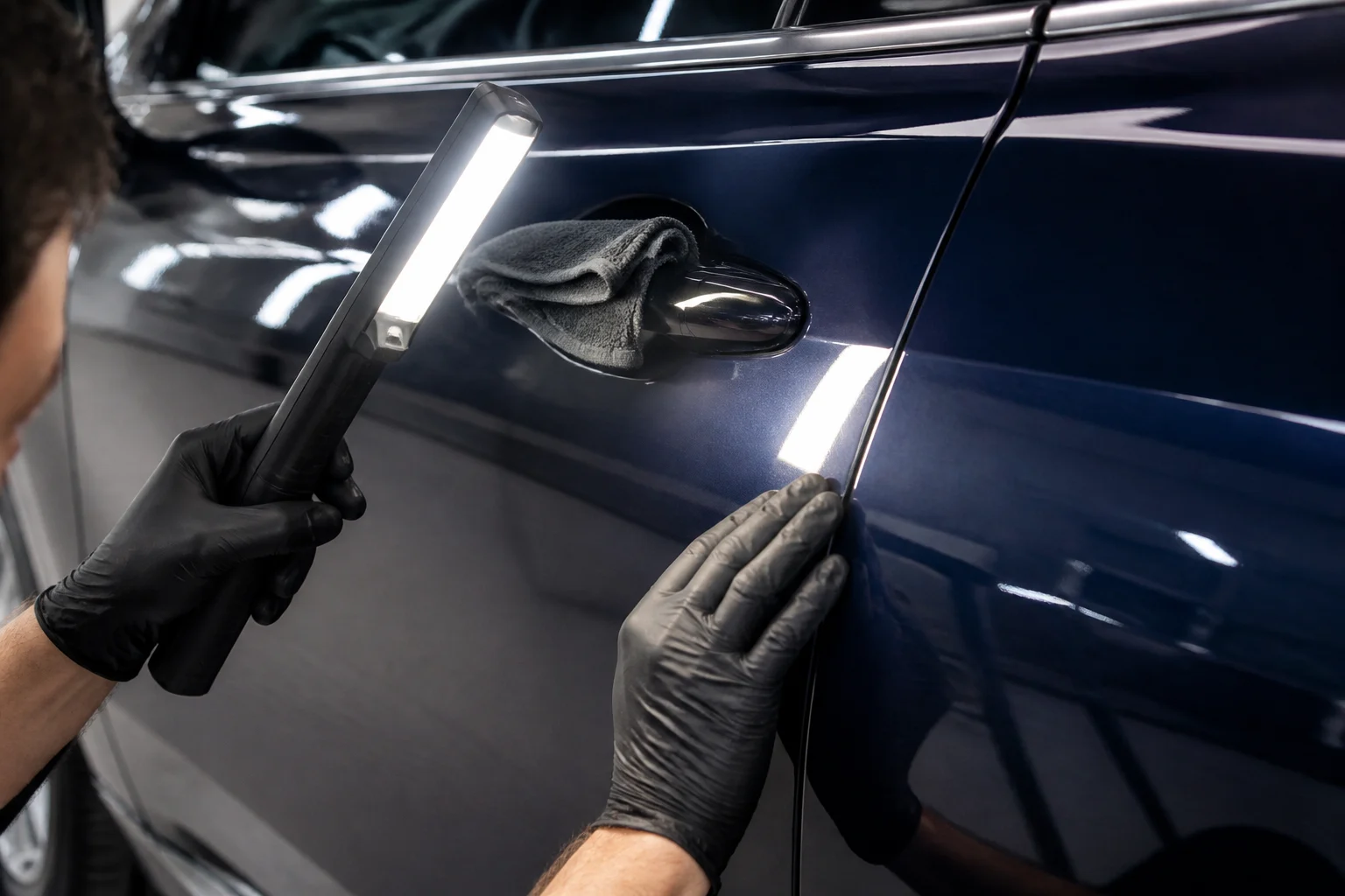 Осмотр top-coat и кромки после зимней мойки Контроль чистой кромки PPF под инспекционным светом