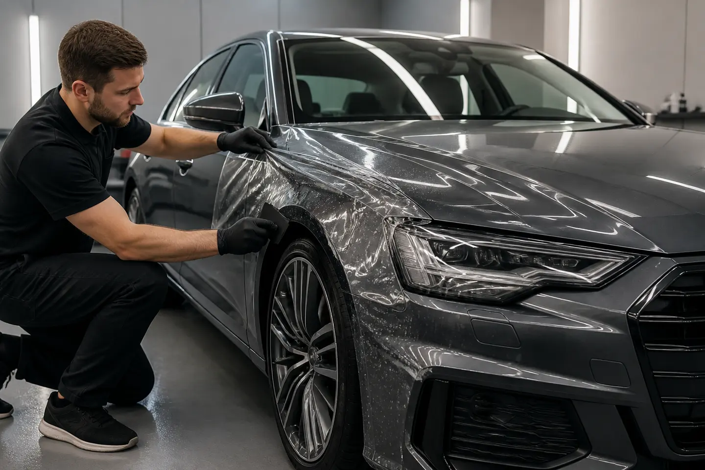 Автомобильная PPF и товарная классификация в Китае Мастер наносит прозрачную защитную плёнку на переднюю часть автомобиля