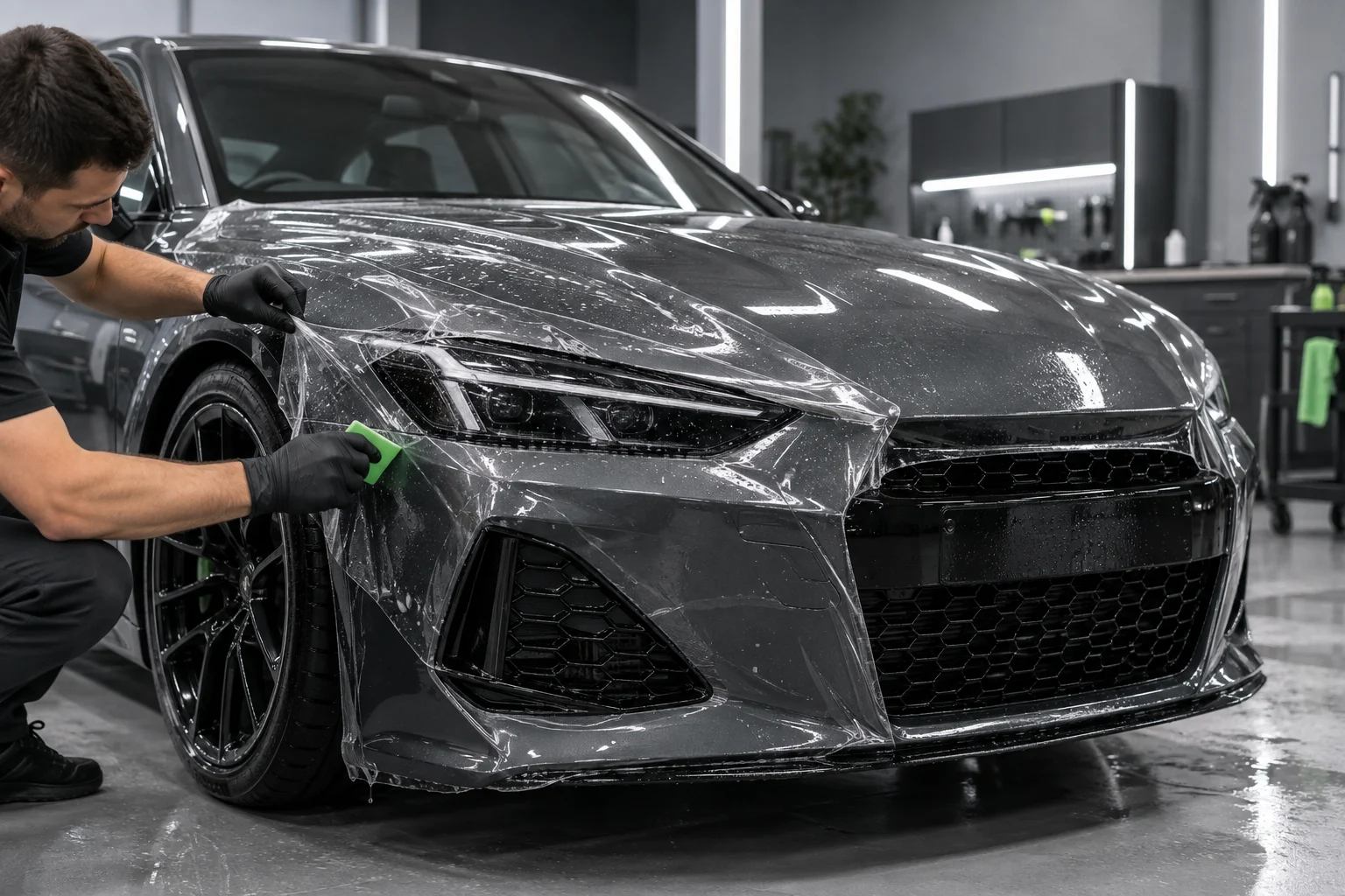 Установка прозрачной защитной пленки на переднюю часть автомобиля в студии