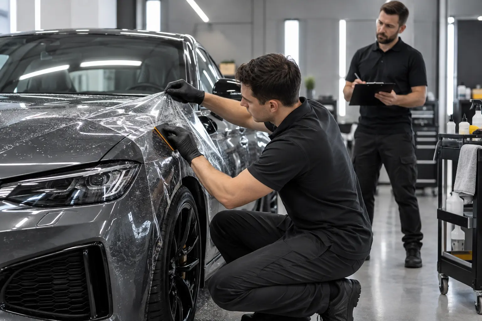 Установщики выравнивают прозрачную защитную пленку на автомобиле в чистой студии